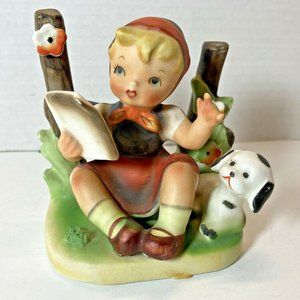 Vintage Kalk Porcelain Figurine • Girl Reading w/ Puppy • Germany • Hand-Painted
